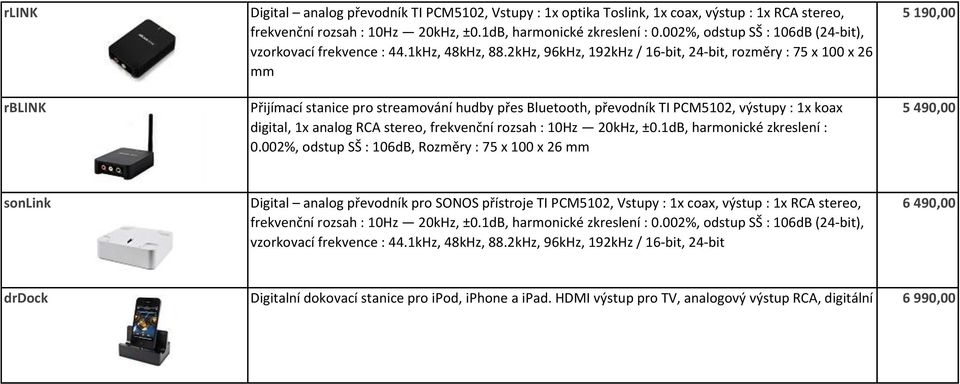 2kHz, 96kHz, 192kHz / 16-bit, 24-bit, rozměry : 75 x 100 x 26 mm Přijímací stanice pro streamování hudby přes Bluetooth, převodník TI PCM5102, výstupy : 1x koax digital, 1x analog RCA stereo,