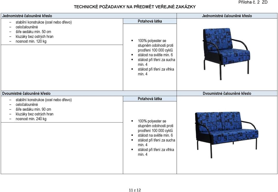 120 kg TECHNICKÉ POŽADAVKY NA PŘEDMĚT VEŘEJNÉ ZAKÁZKY stálost při tření za sucha Jednomístné čalouněné křeslo Dvoumístné