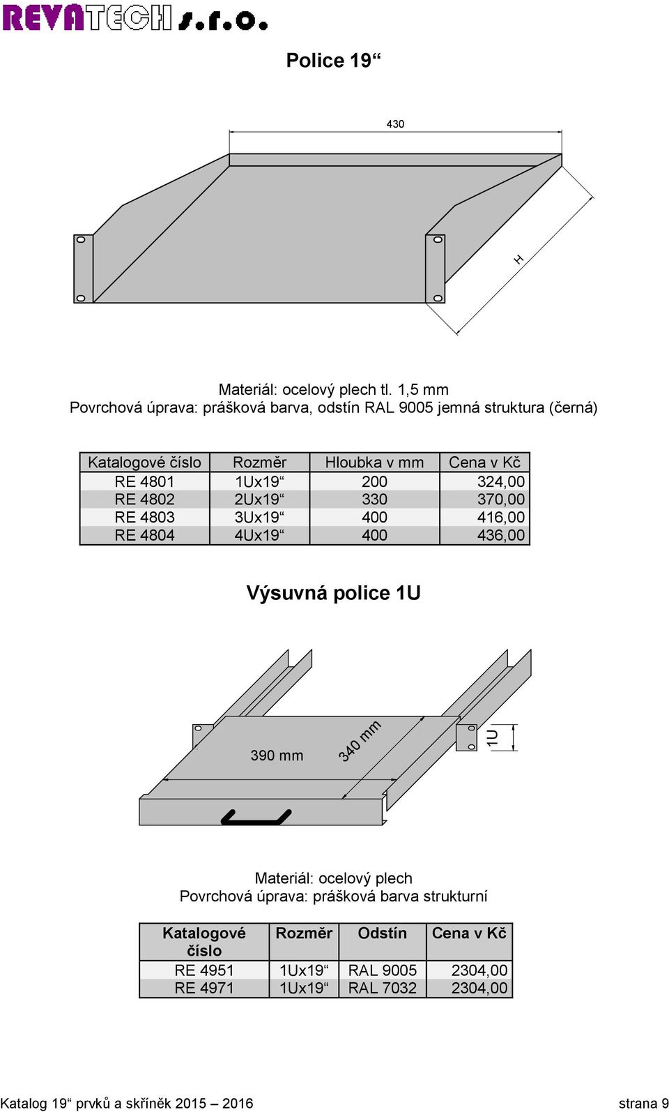 3Ux19 400 416,00 RE 4804 4Ux19 400 436,00 Výsuvná police 1U 390 mm 340 mm 1U Materiál: ocelový plech Povrchová