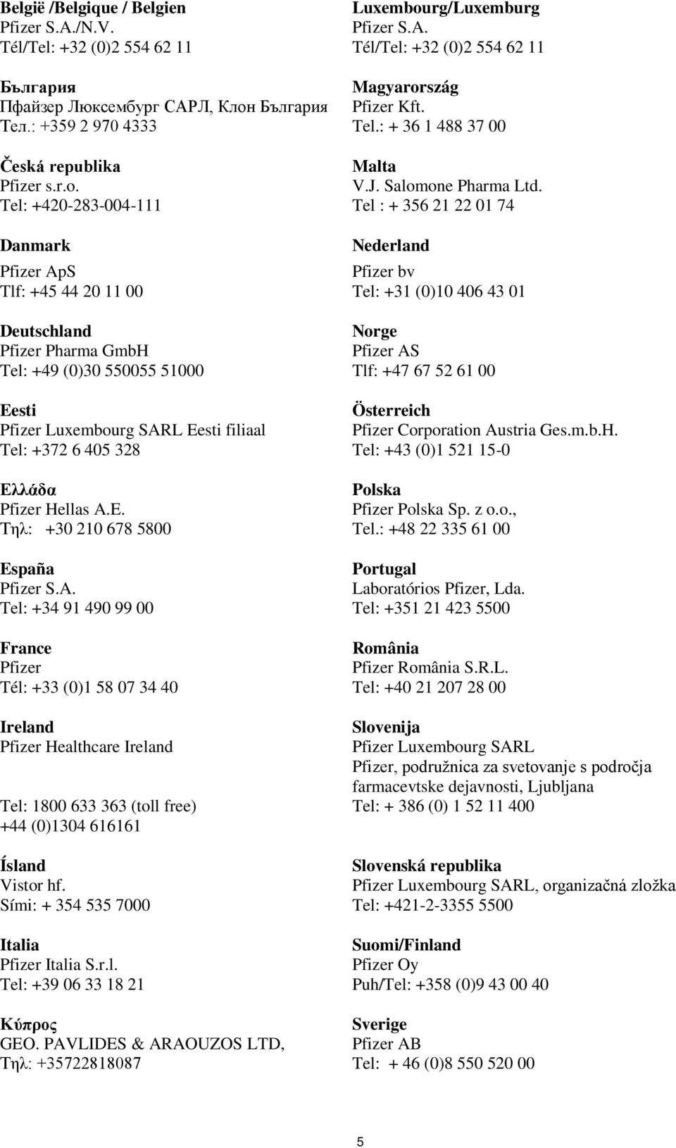 Tel: +420-283-004-111 Tel : + 356 21 22 01 74 Danmark Nederland Pfizer ApS Pfizer bv Tlf: +45 44 20 11 00 Tel: +31 (0)10 406 43 01 Deutschland Norge Pfizer Pharma GmbH Pfizer AS Tel: +49 (0)30 550055