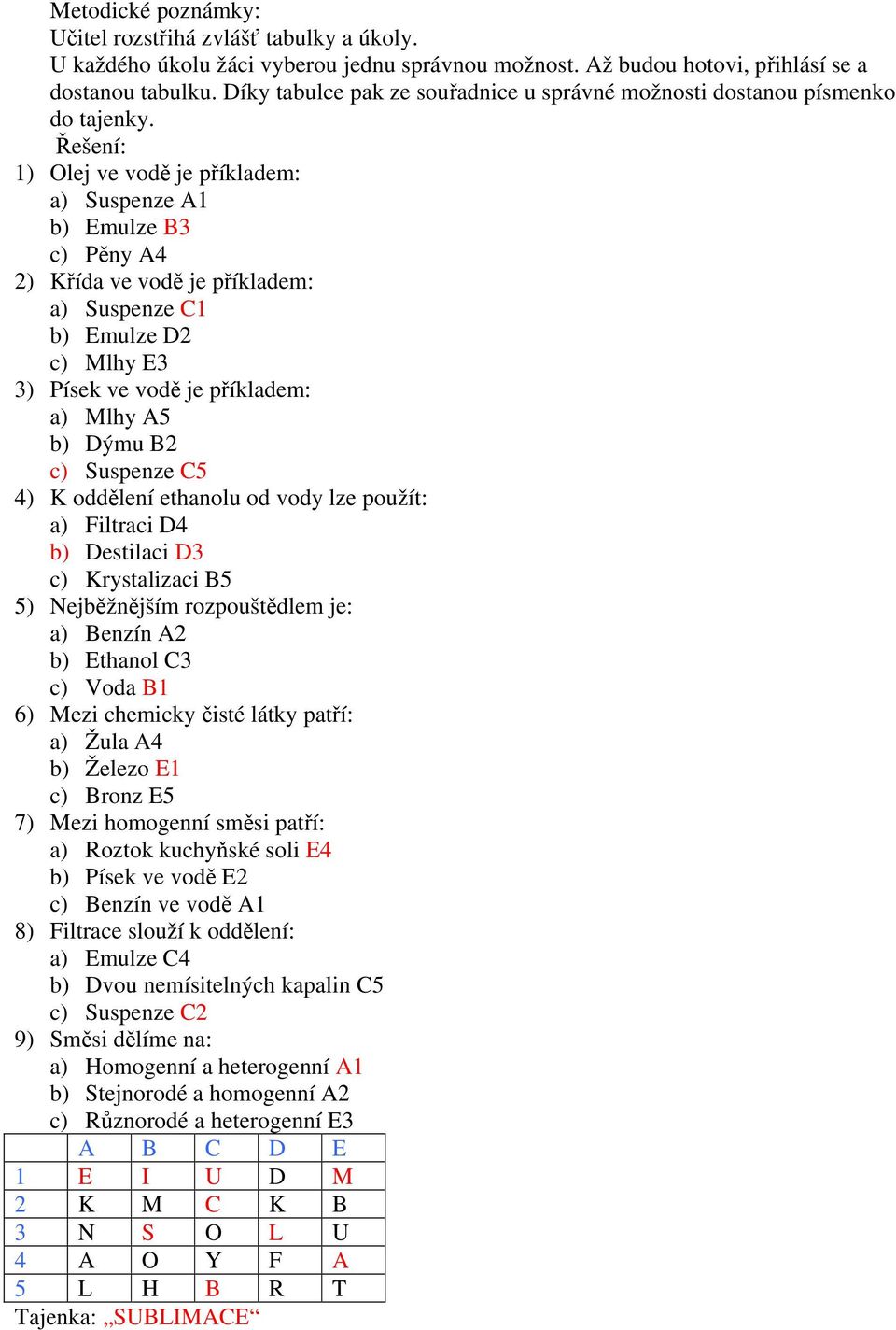 Řešení: 1) Olej ve vodě je příkladem: a) Suspenze A1 b) Emulze B3 c) Pěny A4 2) Křída ve vodě je příkladem: a) Suspenze C1 b) Emulze D2 c) Mlhy E3 3) Písek ve vodě je příkladem: a) Mlhy A5 b) Dýmu B2