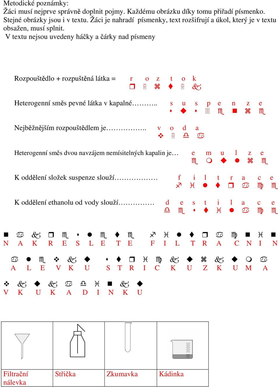 V textu nejsou uvedeny háčky a čárky nad písmeny Rozpouštědlo + rozpuštěná látka = r o z t o k & Heterogenní směs pevné látka v kapalné.. s u s p e n z e Nejběžnějším rozpouštědlem je.