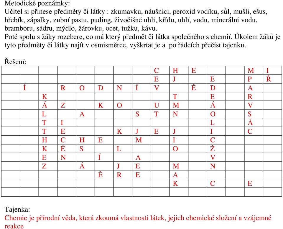 Úkolem žáků je tyto předměty či látky najít v osmisměrce, vyškrtat je a po řádcích přečíst tajenku.