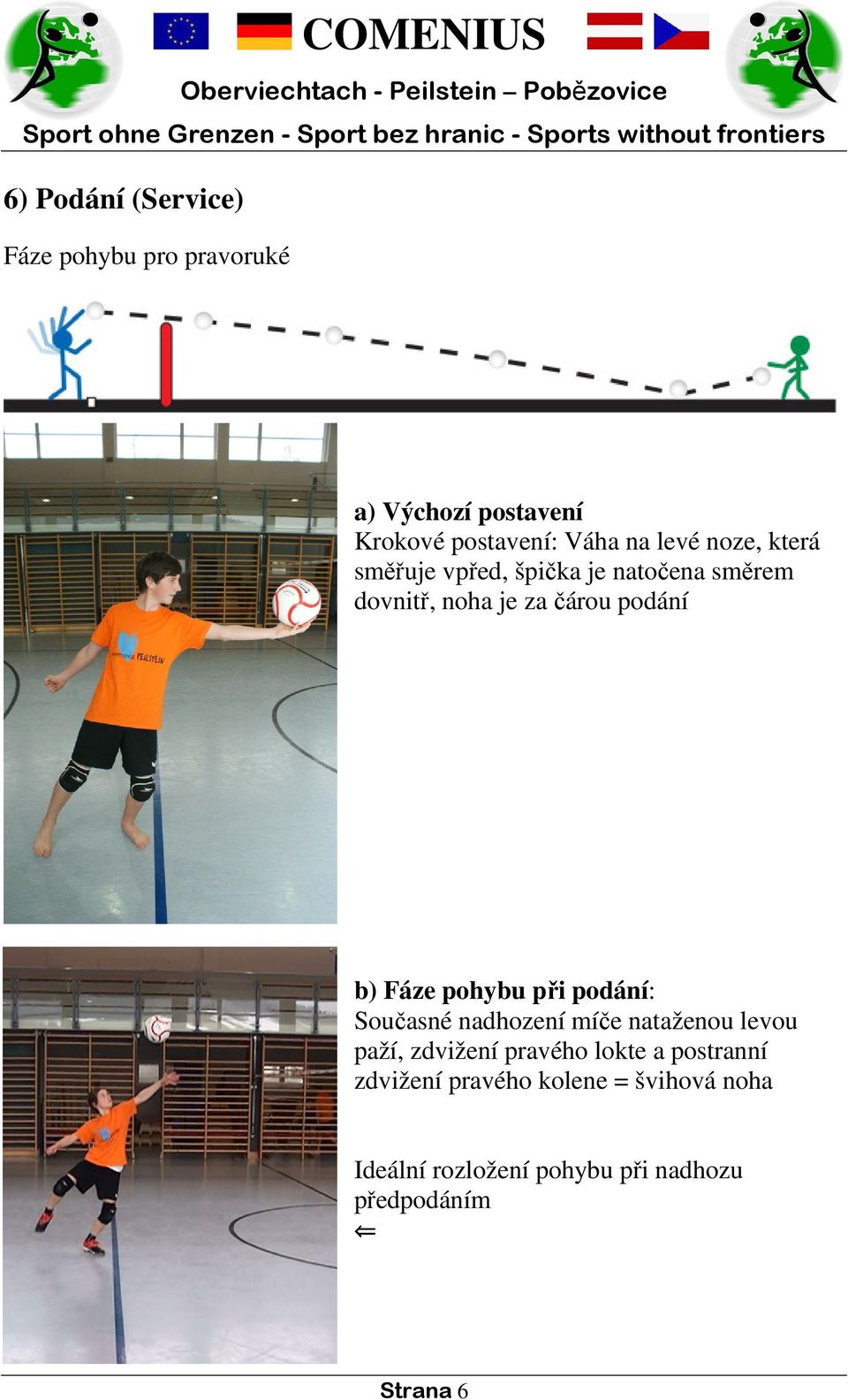 Fáze pohybu při podání: Současné nadhození míče nataženou levou paží, zdvižení pravého lokte a