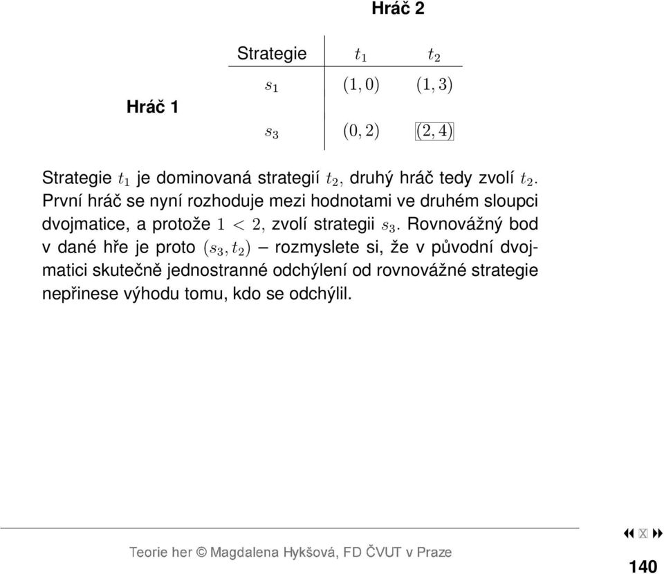 První hráč se nyní rozhoduje mezi hodnotami ve druhém sloupci dvojmatice, a protože 1 < 2, zvolí strategii s