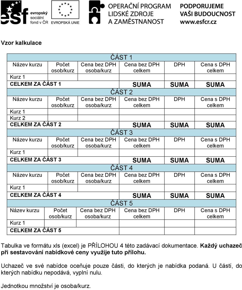 ČÁST 4 SUMA SUMA SUMA ČÁST 5 Název kurzu Počet osob/kurz Kurz 1 CELKEM ZA ČÁST 5 osoba/kurz DPH Cena s DPH Tabulka ve formátu xls (excel) je PŘÍLOHOU 4 této zadávací dokumentace.