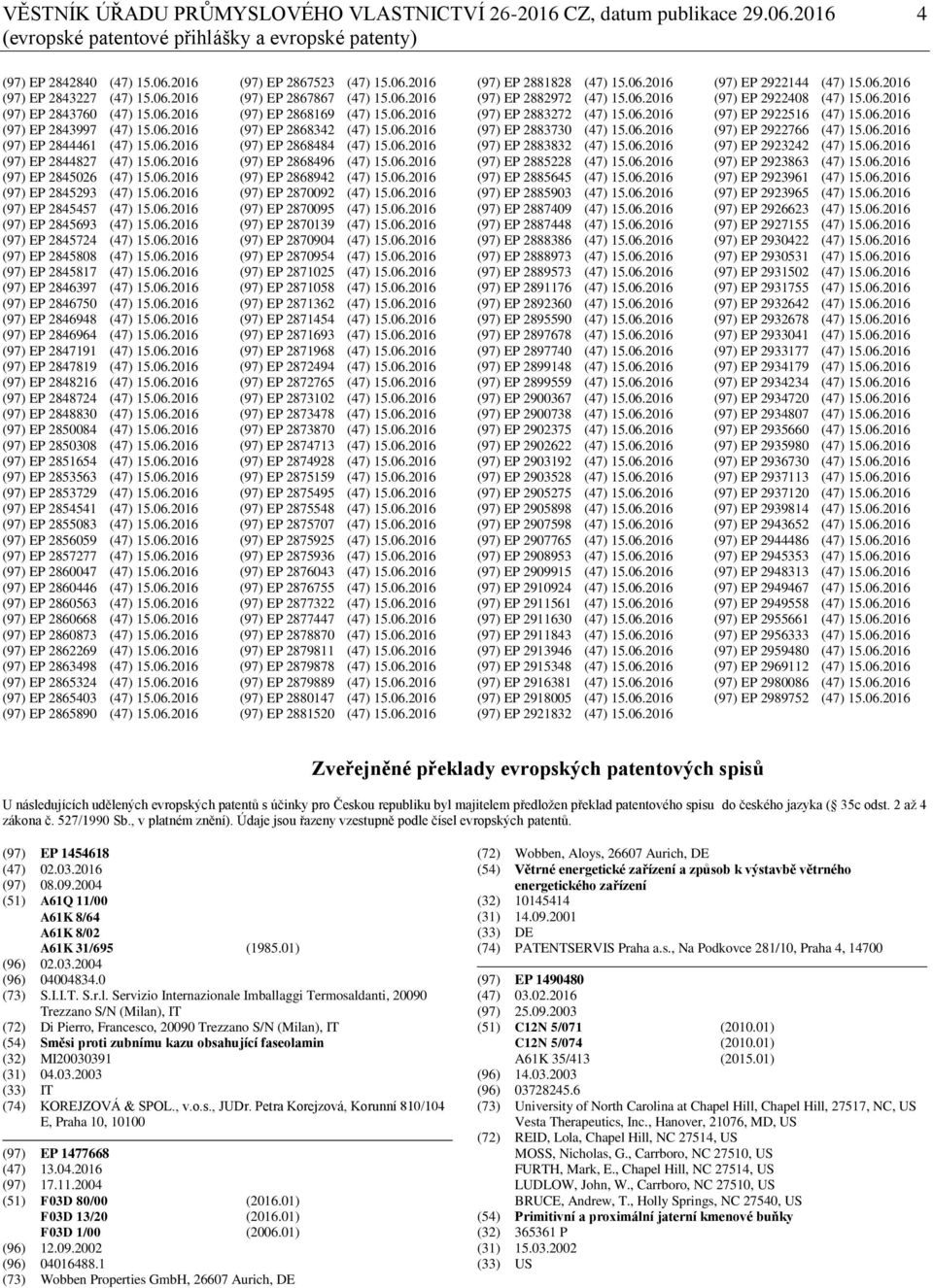 06.2016 (97) EP 2845724 (47) 15.06.2016 (97) EP 2845808 (47) 15.06.2016 (97) EP 2845817 (47) 15.06.2016 (97) EP 2846397 (47) 15.06.2016 (97) EP 2846750 (47) 15.06.2016 (97) EP 2846948 (47) 15.06.2016 (97) EP 2846964 (47) 15.