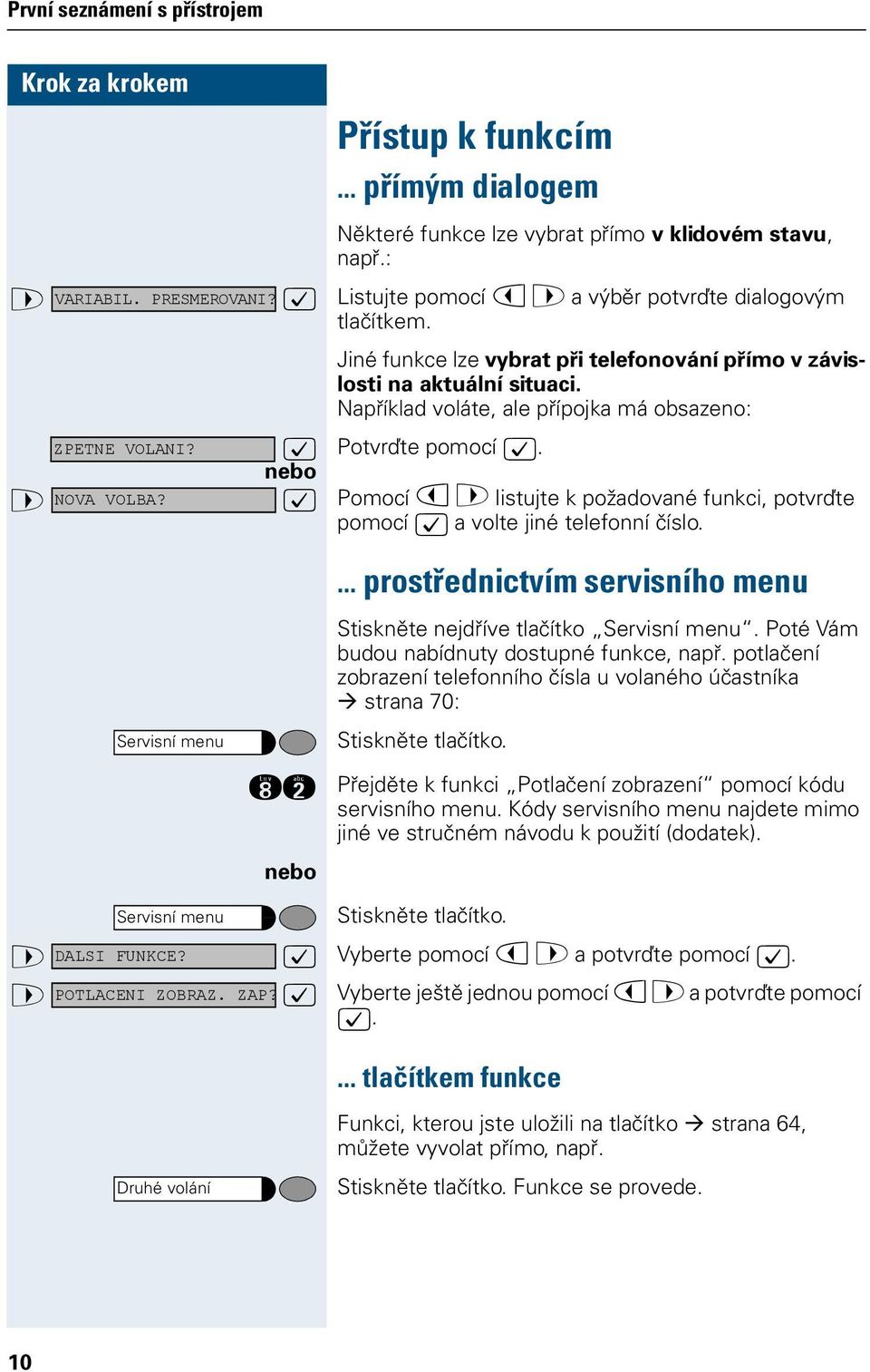 : Potvrďte pomocí :. > NOVA VOLBA? : Pomocí < > listujte k požadované funkci, potvrďte pomocí : a volte jiné telefonní číslo. Servisní menu lf.