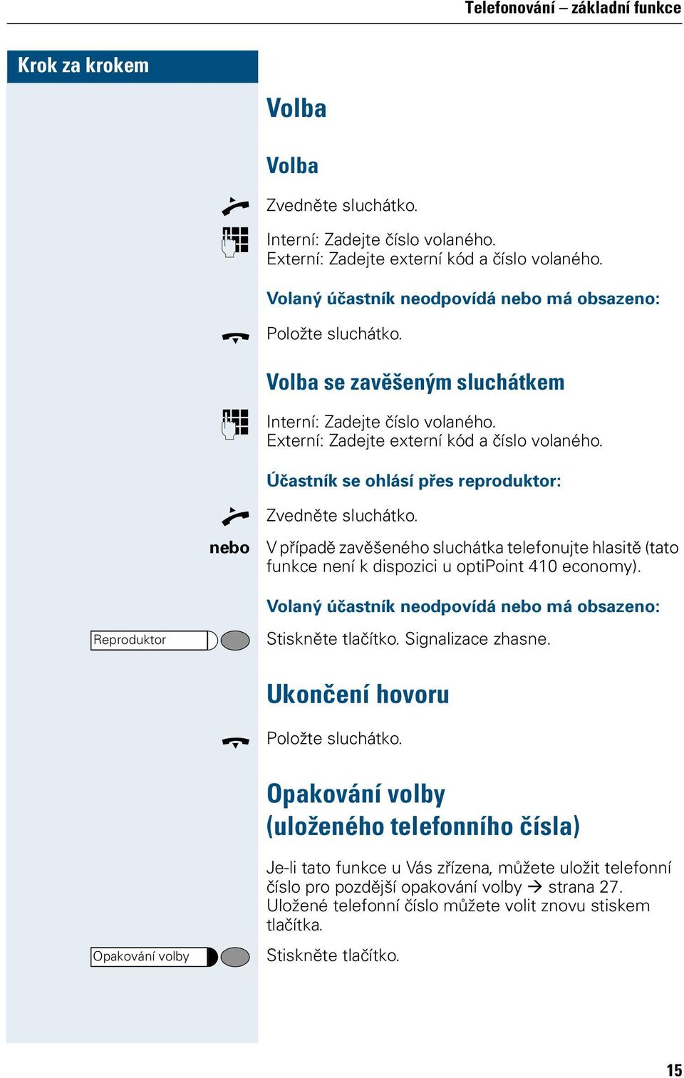 Účastník se ohlásí přes reproduktor: Zvedněte sluchátko. V případě zavěšeného sluchátka telefonujte hlasitě (tato funkce není k dispozici u optipoint 410 economy).