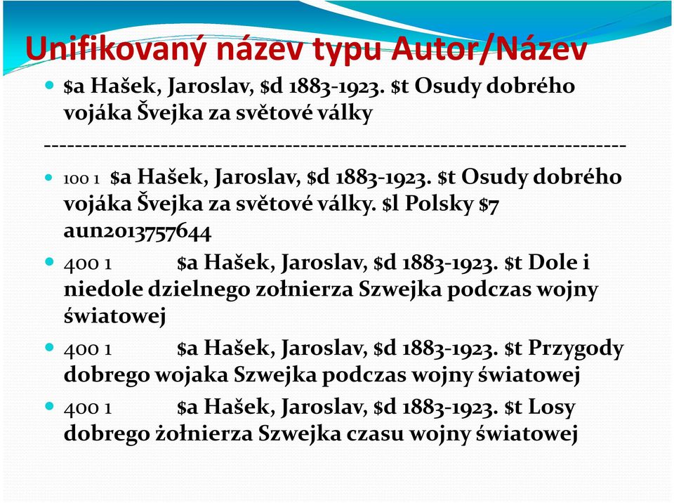 $d 1883-1923. $t Osudydobrého vojákašvejkazasvětovéválky. $l Polsky$7 aun2013757644 400 1 $a Hašek, Jaroslav, $d 1883-1923.