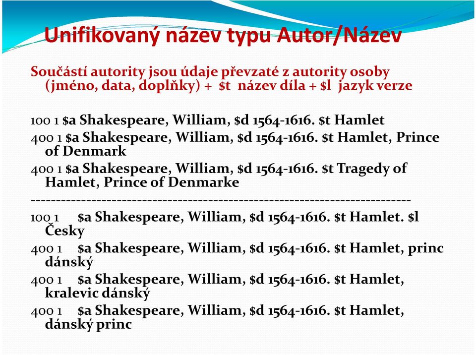 $t Tragedy of Hamlet, Prince of Denmarke --------------------------------------------------------------------------- 100 1 $a Shakespeare, William, $d 1564-1616. $t Hamlet.