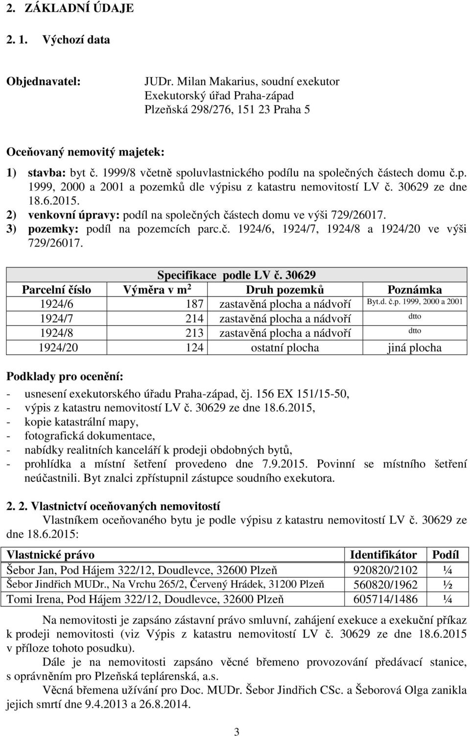 2) venkovní úpravy: podíl na společných částech domu ve výši 729/26017. 3) pozemky: podíl na pozemcích parc.č. 1924/6, 1924/7, 1924/8 a 1924/20 ve výši 729/26017. Specifikace podle LV č.