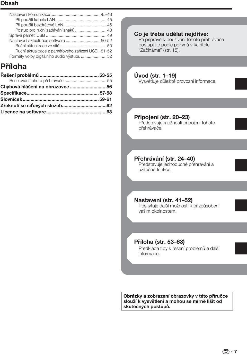 .. 55 Chybová hlášení na obrazovce...56 Specifikace... 57-58 Slovníček... 59-6 Zřeknutí se síťových služeb...6 Licence na software.