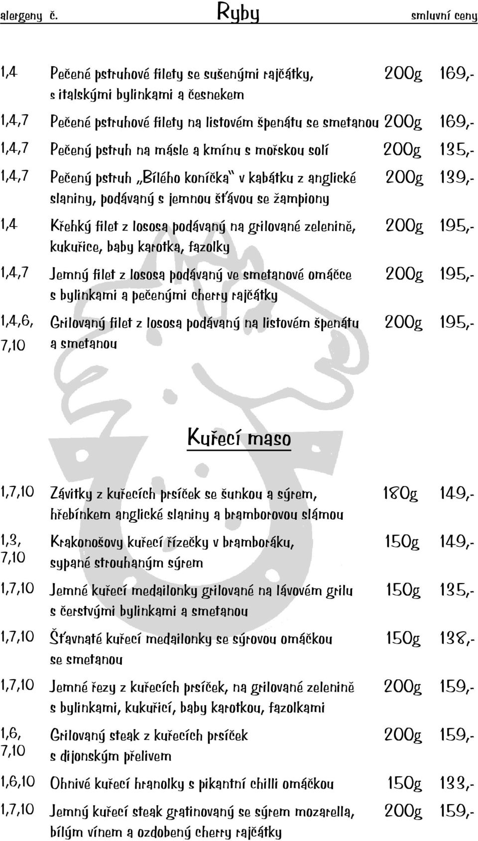 pstruh na másle a kmínu s mořskou solí 200g 135,- 1,4,7 Pečený pstruh Bílého koníčka v kabátku z anglické 200g slaniny, podávaný s jemnou šťávou se žampiony 1,4 Křehký filet z lososa podávaný na