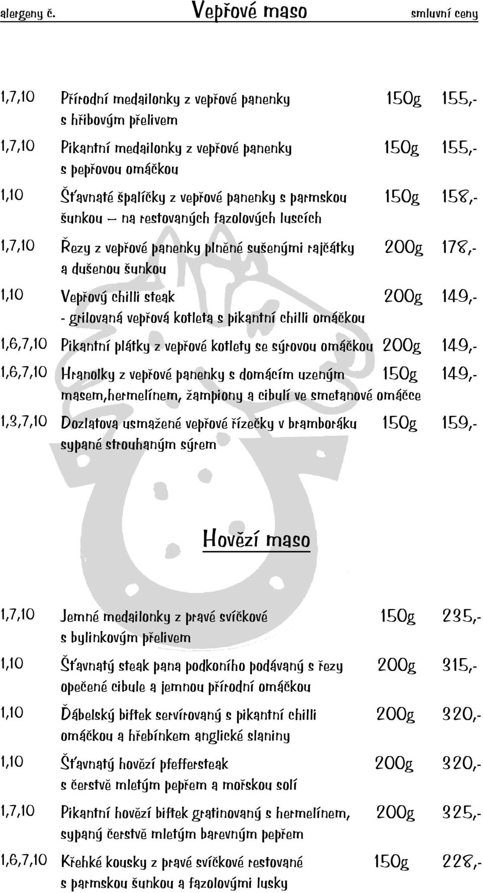 parmskou 150g šunkou na restovaných fazolových luscích 1, Řezy z vepřové panenky plněné sušenými rajčátky 200g a dušenou šunkou 1,10 Vepřový chilli steak 200g - grilovaná vepřová kotleta s pikantní