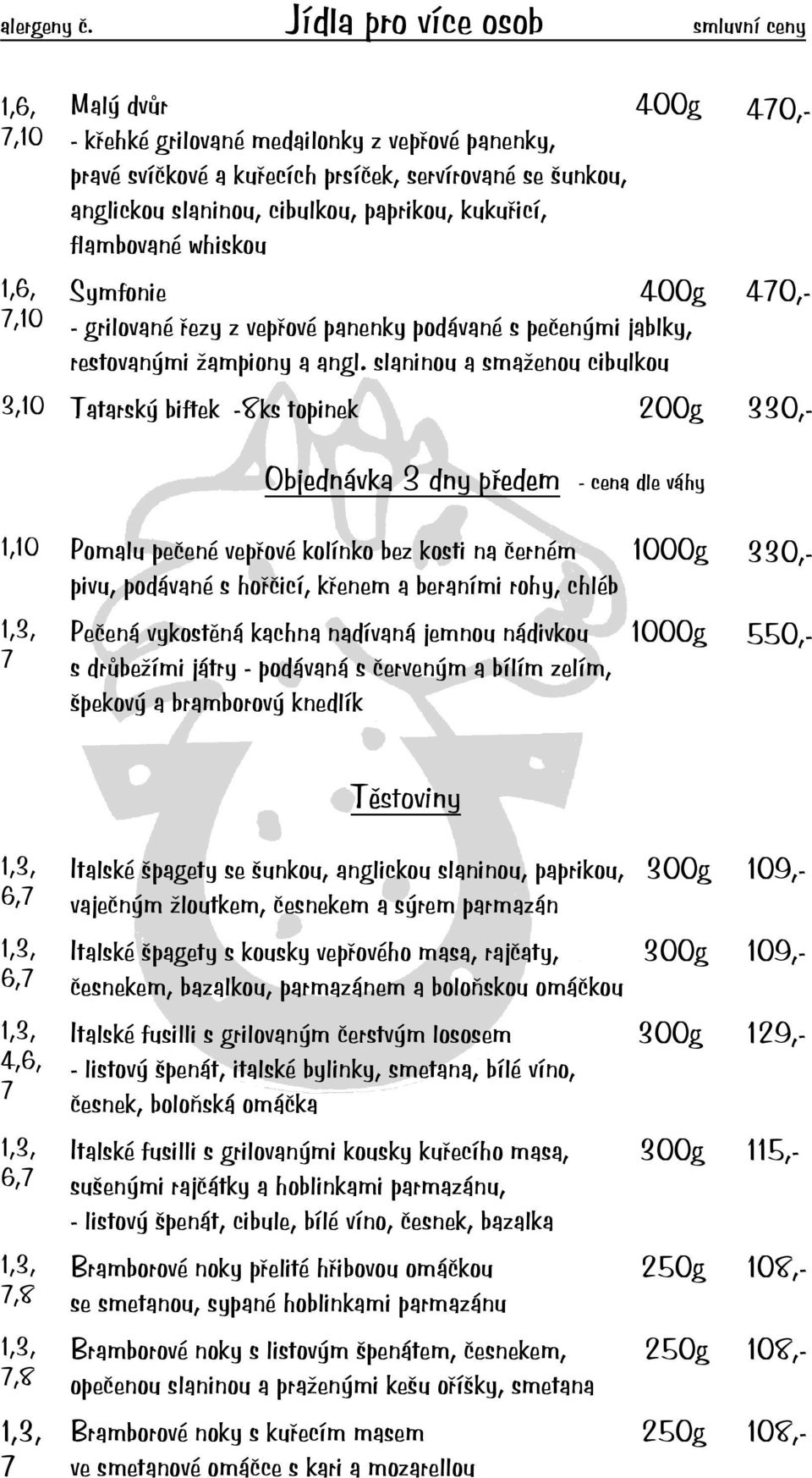 paprikou, kukuřicí, flambované whiskou Symfonie 400g - grilované řezy z vepřové panenky podávané s pečenými jablky, restovanými žampiony a angl.