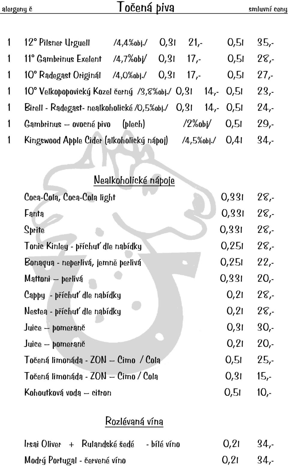 / 0,3l 14,- 0,5l 24,- 1 Gambrinus ovocné pivo (plech) /2%obj/ 0,5l 29,- 1 Kingswood Apple Cider (alkoholický nápoj) /4,5%obj.