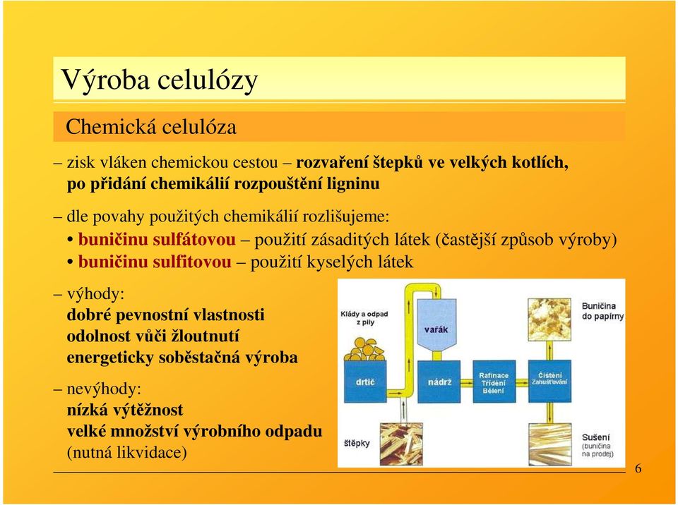 (častější způsob výroby) buničinu sulfitovou použití kyselých látek výhody: dobré pevnostní vlastnosti odolnost