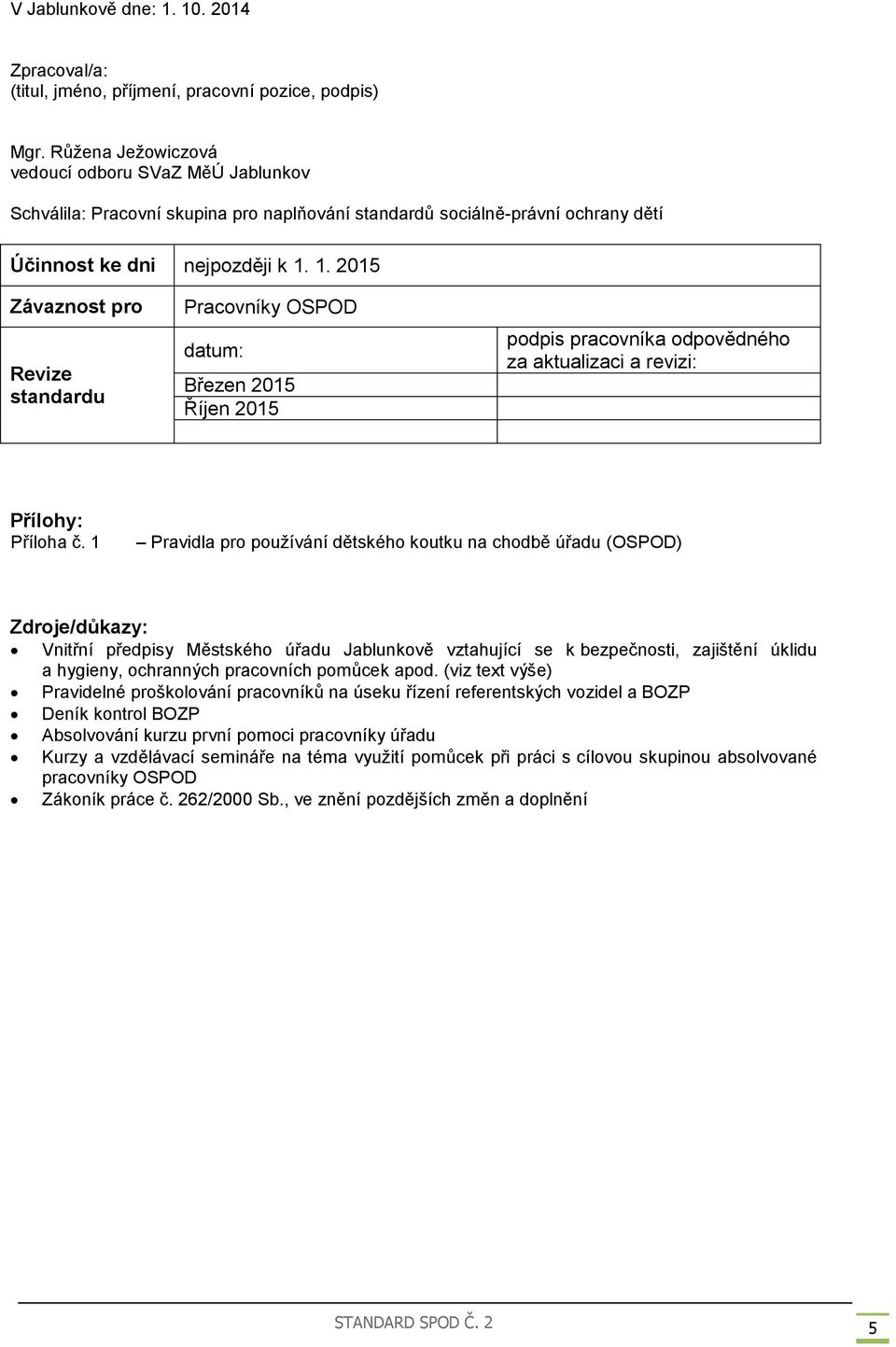 1. 2015 Závaznost pro Revize standardu Pracovníky OSPOD datum: Březen 2015 Říjen 2015 podpis pracovníka odpovědného za aktualizaci a revizi: Přílohy: Příloha č.