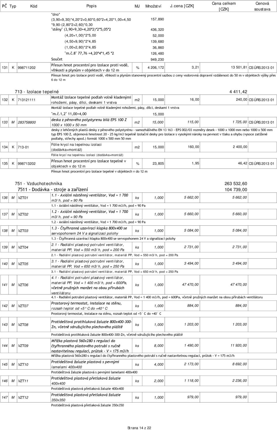 CS ÚRS 2013 01 Přesun hmot pro izolace proti vodě, vlhkosti a plynům stanovený procentní sazbou z ceny vodorovná dopravní vzdálenost do 50 m v objektech výšky přes 6 do 12 m 713 - Izolace tepelné 4