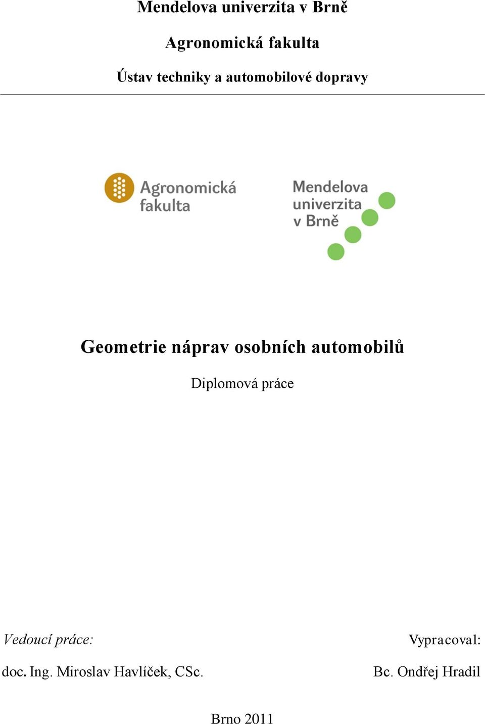 osobních automobilů Diplomová práce Vedoucí práce: doc.