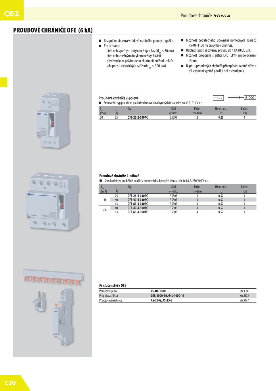ma) Možnost dodatečného upevnění pomocných spínačů PS-OF-1100 na pravý bok přístroje. Odolnost proti rázovému proudu do 1 ka (8/20 μs). Možnost propojení s jističi LPE (LPN) propojovacími lištami.