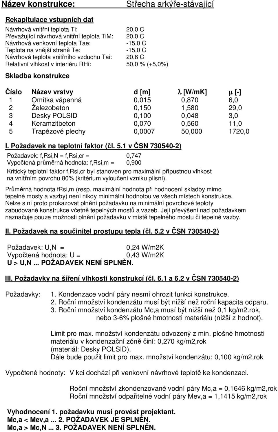 Omítka vápenná 0,015 0,870 6,0 2 Železobeton 0,150 1,580 29,0 3 Desky POLSID 0,100 0,048 3,0 4 Keramzitbeton 0,070 0,560 11,0 5 Trapézové plechy 0,0007 50,000 1720,0 I.