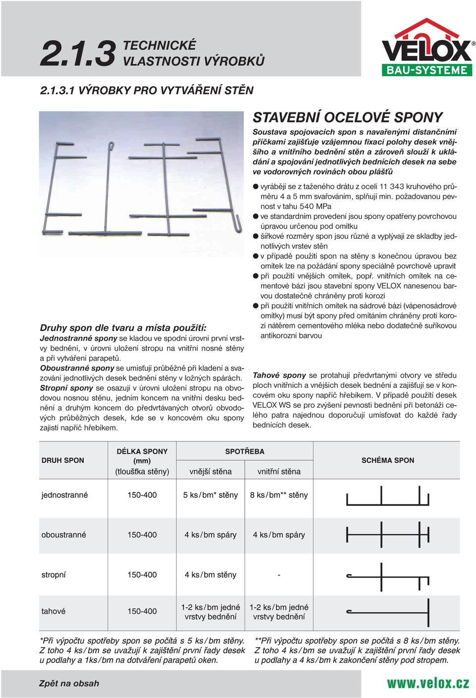 1 VÝROBKY PRO VYTVÁŘENÍ STĚN Druhy spon dle tvaru a místa použití: Jednostranné spony se kladou ve spodní úrovni první vrstvy bednění, v úrovni uložení stropu na vnitřní nosné stěny a při vytváření