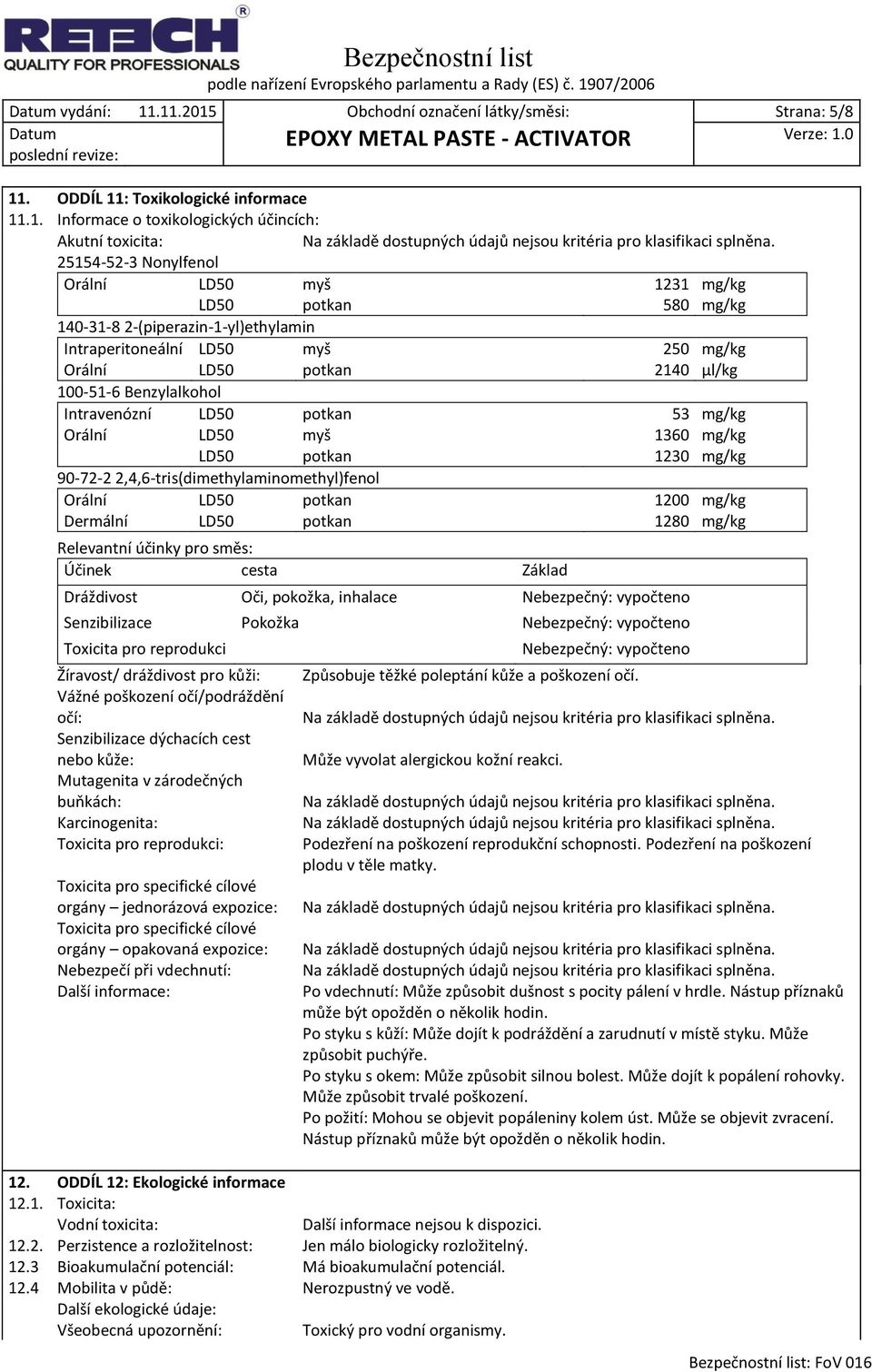 LD50 potkan 580 mg/kg 140-31-8 2-(piperazin-1-yl)ethylamin Intraperitoneální LD50 myš 250 mg/kg Orální LD50 potkan 2140 μl/kg 100-51-6 Benzylalkohol Intravenózní LD50 potkan 53 mg/kg Orální LD50 myš