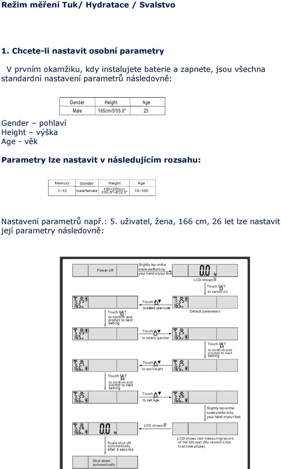 jsou všechna standardní nastavení parametrů následovně: Gender pohlaví Height výška Age - věk