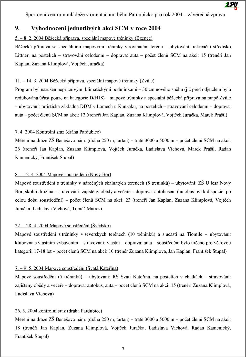 2004 Běžecká příprava, speciální mapové tréninky (Bzenec) Běžecká příprava se speciálními mapovými tréninky v rovinatém terénu ubytování: rekreační středisko Littner, na postelích stravování