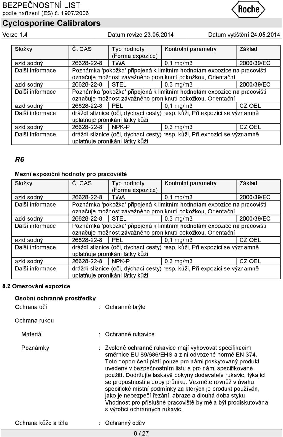 označuje možnost závažného proniknutí pokožkou, Orientační azid sodný 26628-22-8 STEL 0,3 mg/m3 2000/39/EC Další informace Poznámka 'pokožka' připojená k limitním hodnotám expozice na pracovišti