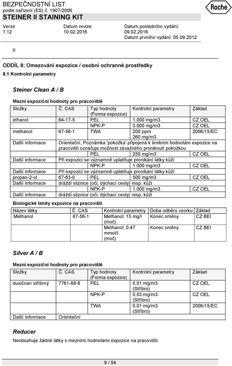 000 mg/m3 CZ OEL methanol 67-56-1 TWA 200 ppm 2006/15/EC 260 mg/m3 Další informace Orientační, Poznámka 'pokoţka' připojená k limitním hodnotám expozice na pracovišti označuje moţnost závaţného