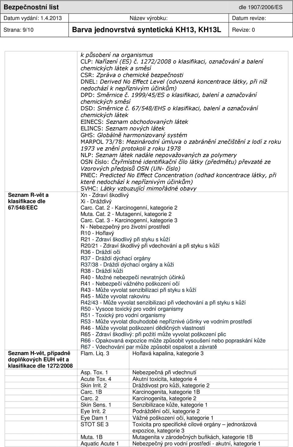 1272/2008 o klasifikaci, označování a balení chemických látek a směsí CSR: Zpráva o chemické bezpečnosti DNEL: Derived No Effect Level (odvozená koncentrace látky, při níž nedochází k nepříznivým