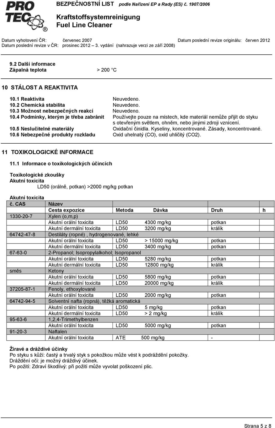 10.5 Neslučitelné materiály Oxidační činidla. Kyseliny, koncentrované. Zásady, koncentrované. 10.6 Nebezpečné produkty rozkladu Oxid uhelnatý (CO), oxid uhličitý (CO2). 11 TOXIKOLOGICKÉ INFORMACE 11.