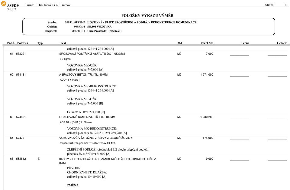 I TL. 40MM M2 1 271,000 ACO 11 + (ABS I) VOZOVKA MK-REKONSTRUKCE: celková plocha:1264=1 264,000 [A] VOZOVKA MK-OŽK: celková plocha:7=7,000 [B] Celkem: A+B=1 271,000 [C] 63 574621 OBALOVANÉ KAMENIVO