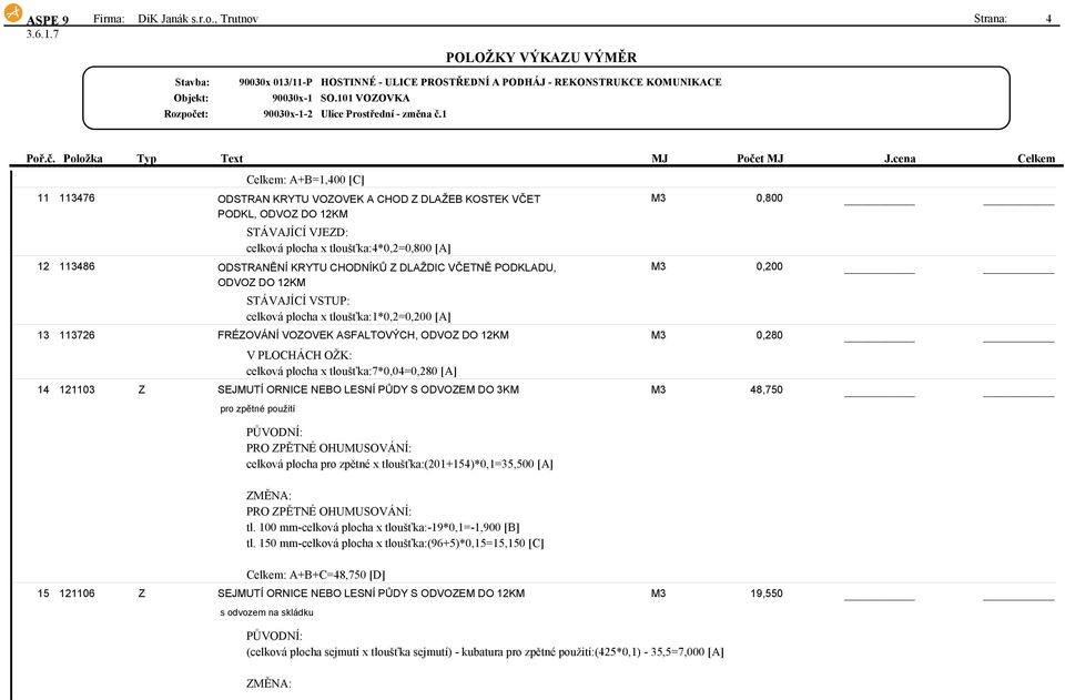 ODSTRANĚNÍ KRYTU CHODNÍKŮ Z DLAŽDIC VČETNĚ PODKLADU, ODVOZ DO 12KM STÁVAJÍCÍ VSTUP: celková plocha x tloušťka:1*0,2=0,200 [A] M3 0,800 M3 0,200 13 113726 FRÉZOVÁNÍ VOZOVEK ASFALTOVÝCH, ODVOZ DO 12KM