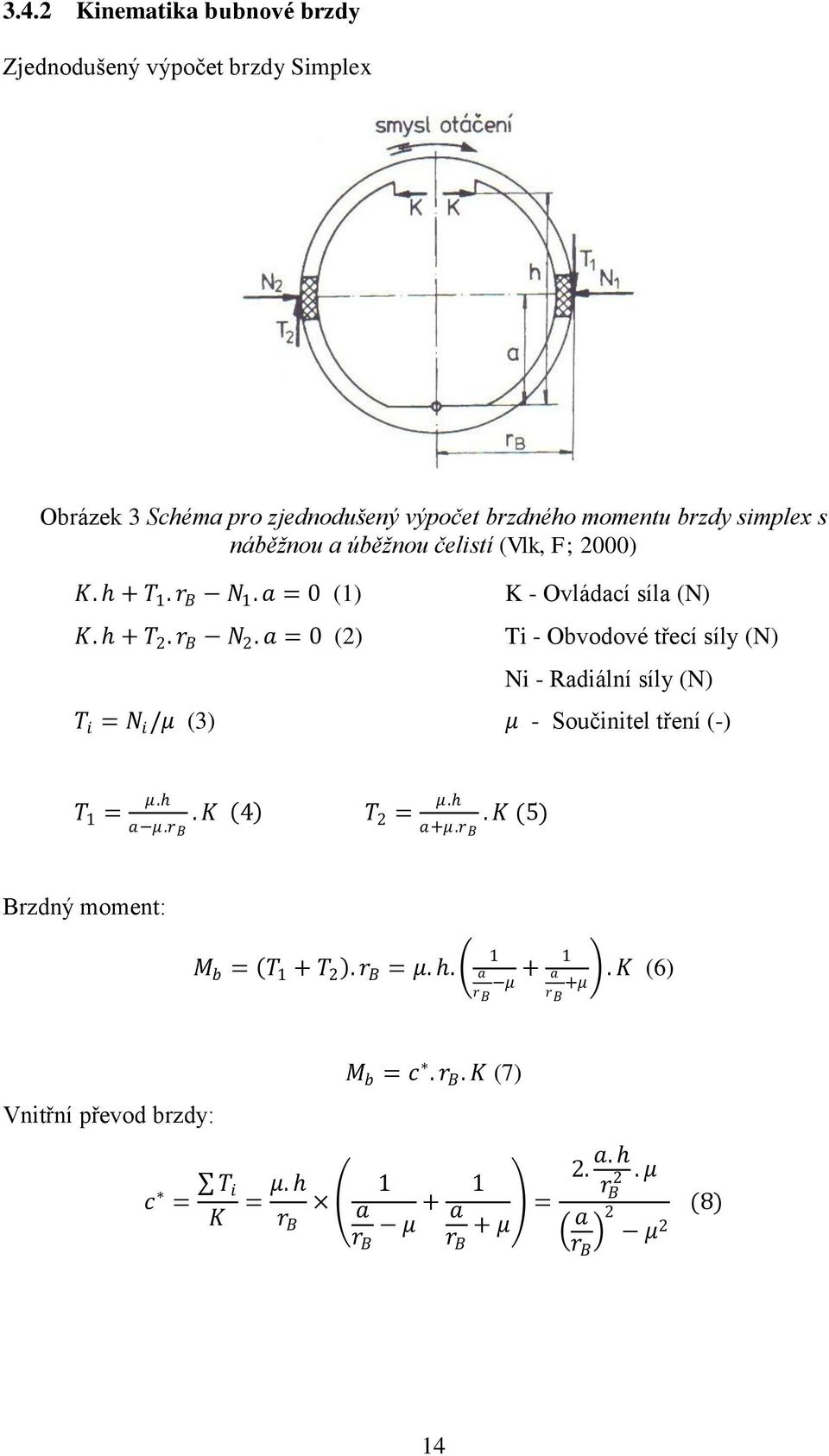 a = 0 (2) K - Ovládací síla (N) Ti - Obvodové třecí síly (N) Ni - Radiální síly (N) T i = N i /μ (3) μ - Součinitel tření (-) T 1 = μ.h μ.h. K 4 T a μ.