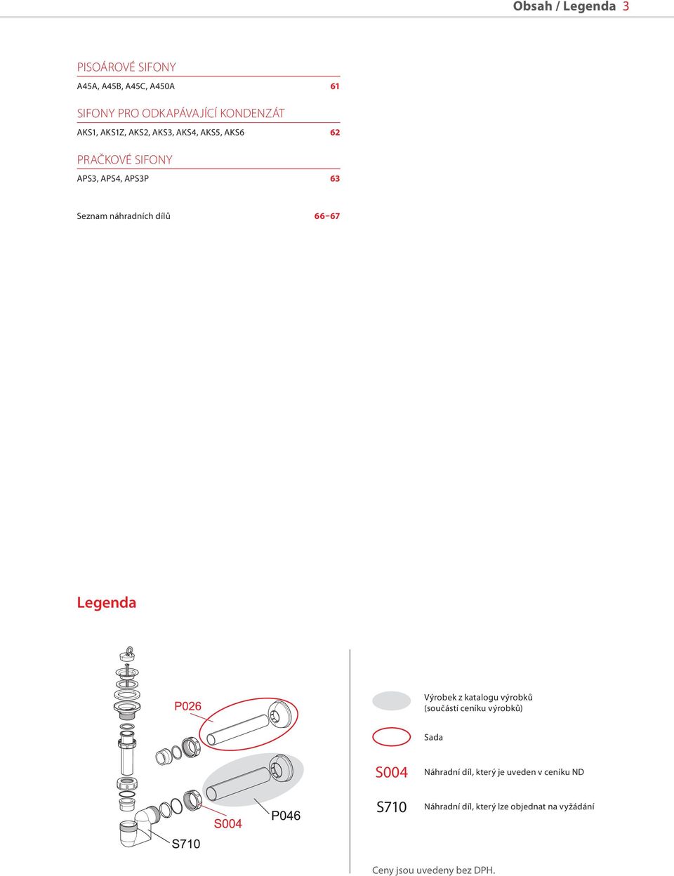 náhradních dílů 66 67 Legenda Výrobek z katalogu výrobků (součástí ceníku výrobků) Sada S004 S710