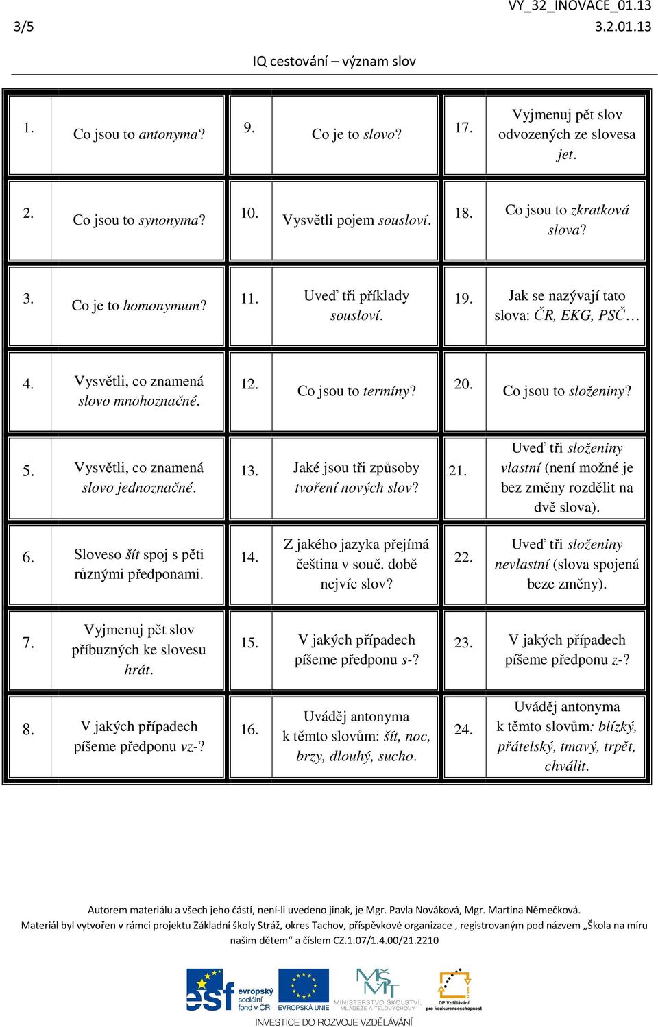 Vysvětli, co znamená slovo jednoznačné. 13. Jaké jsou tři způsoby tvoření nových slov? 21. Uveď tři složeniny vlastní (není možné je bez změny rozdělit na dvě slova). 6.