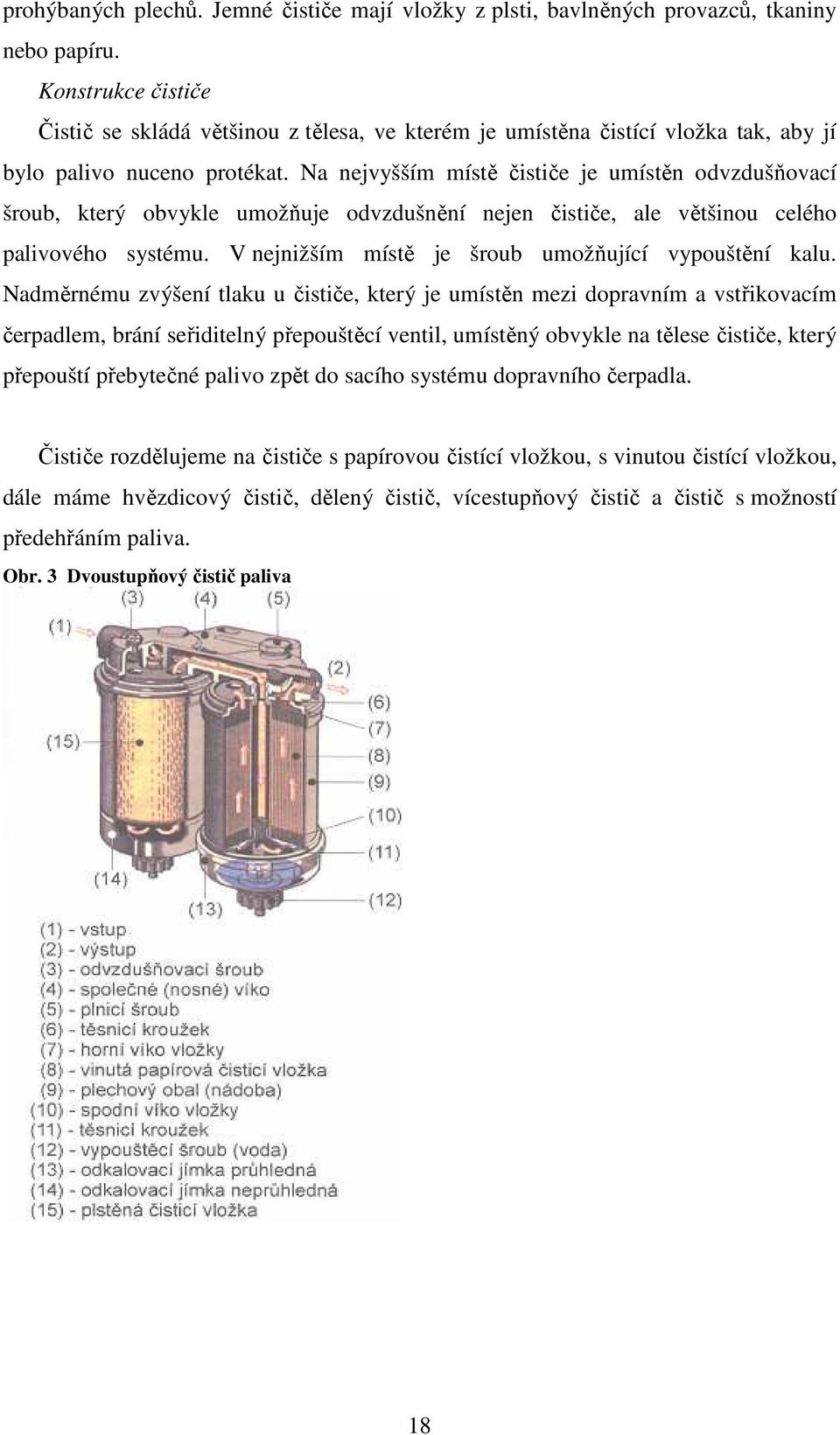 Na nejvyšším místě čističe je umístěn odvzdušňovací šroub, který obvykle umožňuje odvzdušnění nejen čističe, ale většinou celého palivového systému.