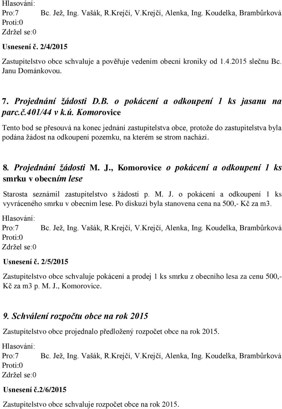 , Komorovice o pokácení a odkoupení 1 ks smrku v obecním lese Starosta seznámil zastupitelstvo s žádostí p. M. J. o pokácení a odkoupení 1 ks vyvráceného smrku v obecním lese.