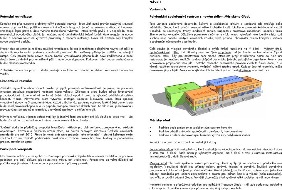 Je navrženo nové architektonické řešení fasád, které reaguje na novou funkci a používá současné výrazové prostředky a moderní materiály. Navíc tak dostane celý komplex novou atraktivní podobu.