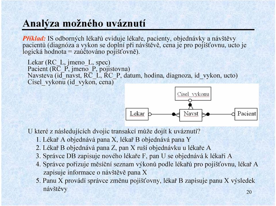 Lekar (RC_L, jmeno_l, spec) Pacient (RC_P, jmeno_p, pojistovna) Navsteva(id_navst, RC_L, RC_P, datum, hodina, diagnoza, id_vykon, ucto) Cisel_vykonu (id_vykon, cena) U kteréz následujících dvojic