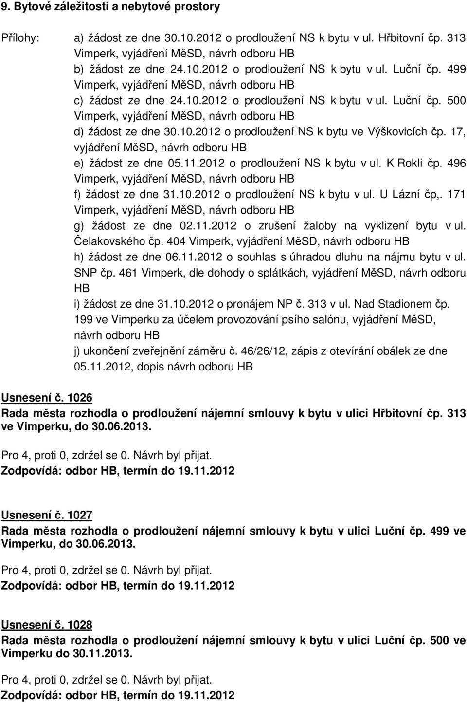 17, vyjádření MěSD, návrh odboru HB e) žádost ze dne 05.11.2012 o prodloužení NS k bytu v ul. K Rokli čp. 496 f) žádost ze dne 31.10.2012 o prodloužení NS k bytu v ul. U Lázní čp,.