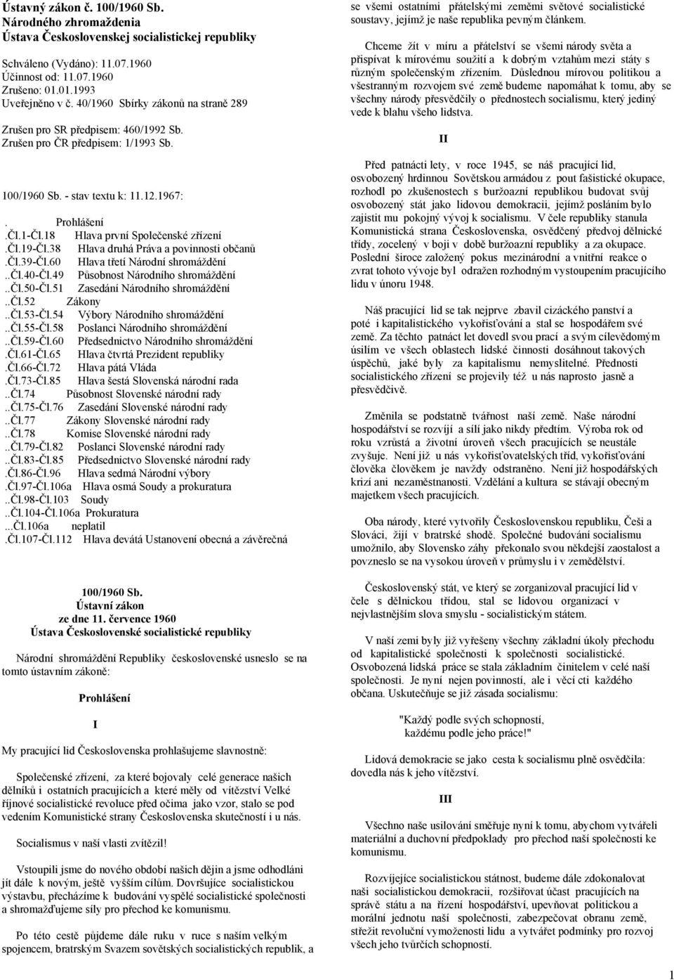 18 Hlava první Společenské zřízení.čl.19-čl.38 Hlava druhá Práva a povinnosti občanů.čl.39-čl.60 Hlava třetí Národní shromáždění..čl.40-čl.49 Působnost Národního shromáždění..čl.50-čl.