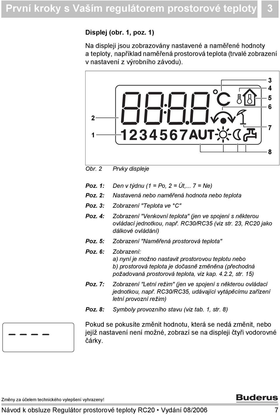 2 Prvky displeje Poz. 1: Poz. 2: Poz. 3: Poz. 4: Poz. 5: Poz. 6: Den v týdnu (1 = Po, 2 = Út,.