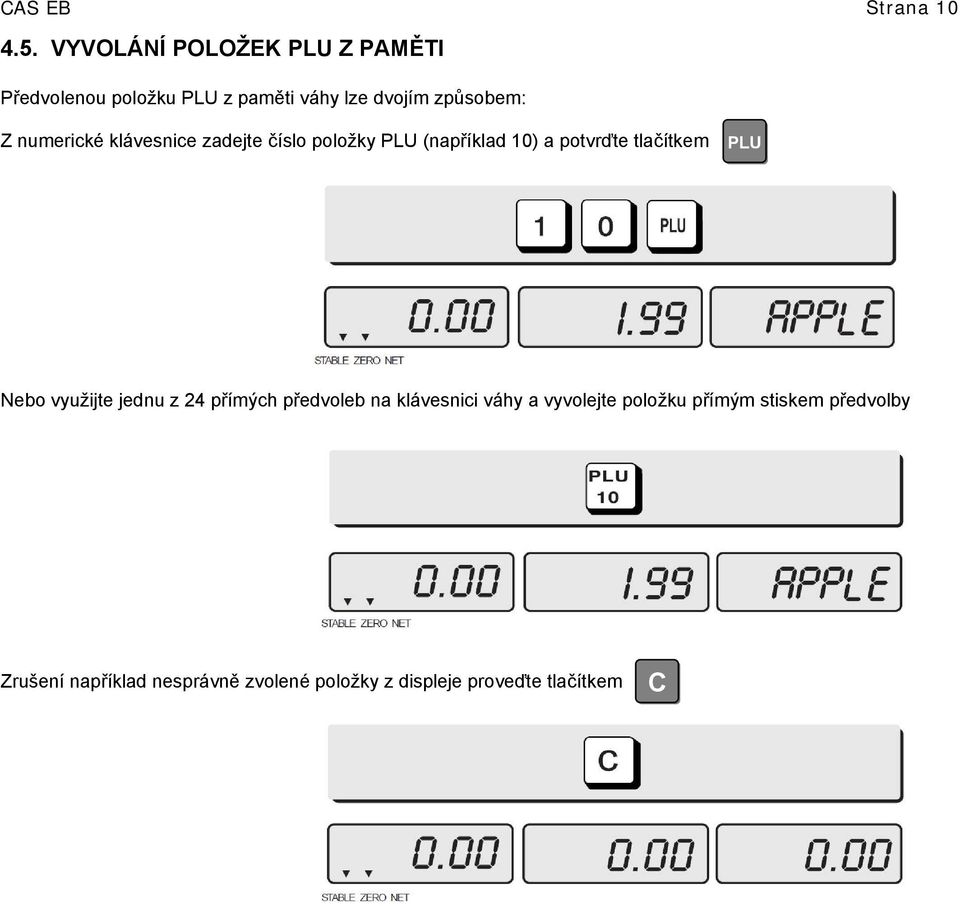 numerické klávesnice zadejte číslo položky PLU (například 10) a potvrďte tlačítkem PLU Nebo