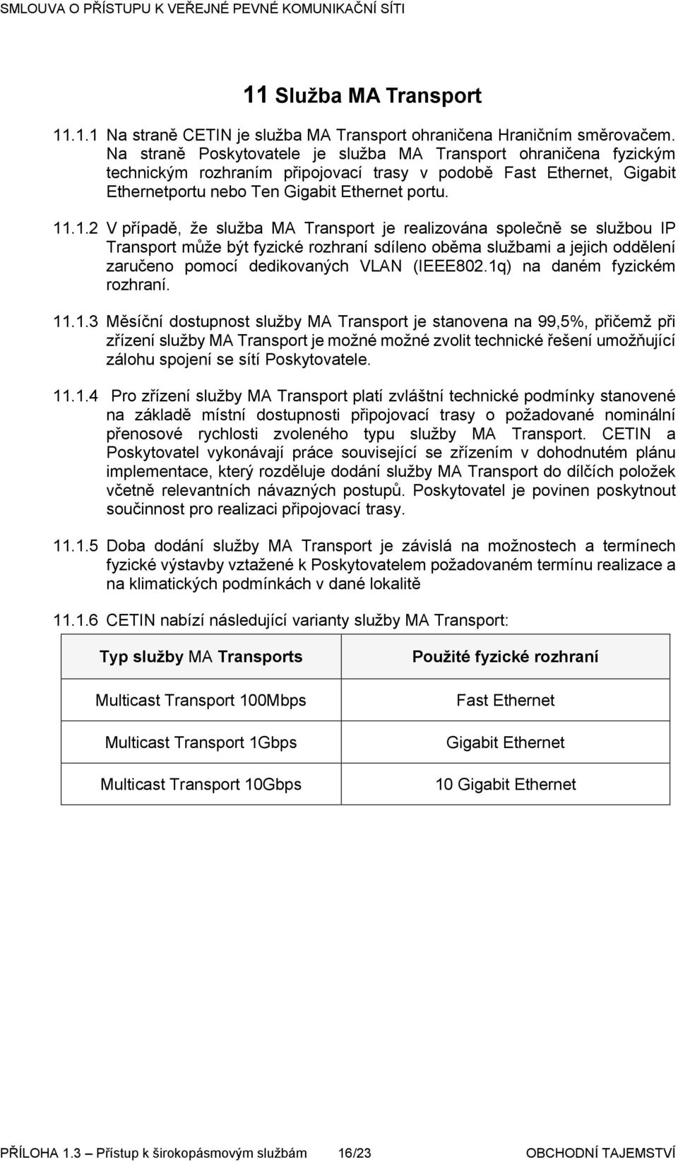 .1.2 V případě, že služba MA Transport je realizována společně se službou IP Transport může být fyzické rozhraní sdíleno oběma službami a jejich oddělení zaručeno pomocí dedikovaných VLAN (IEEE802.