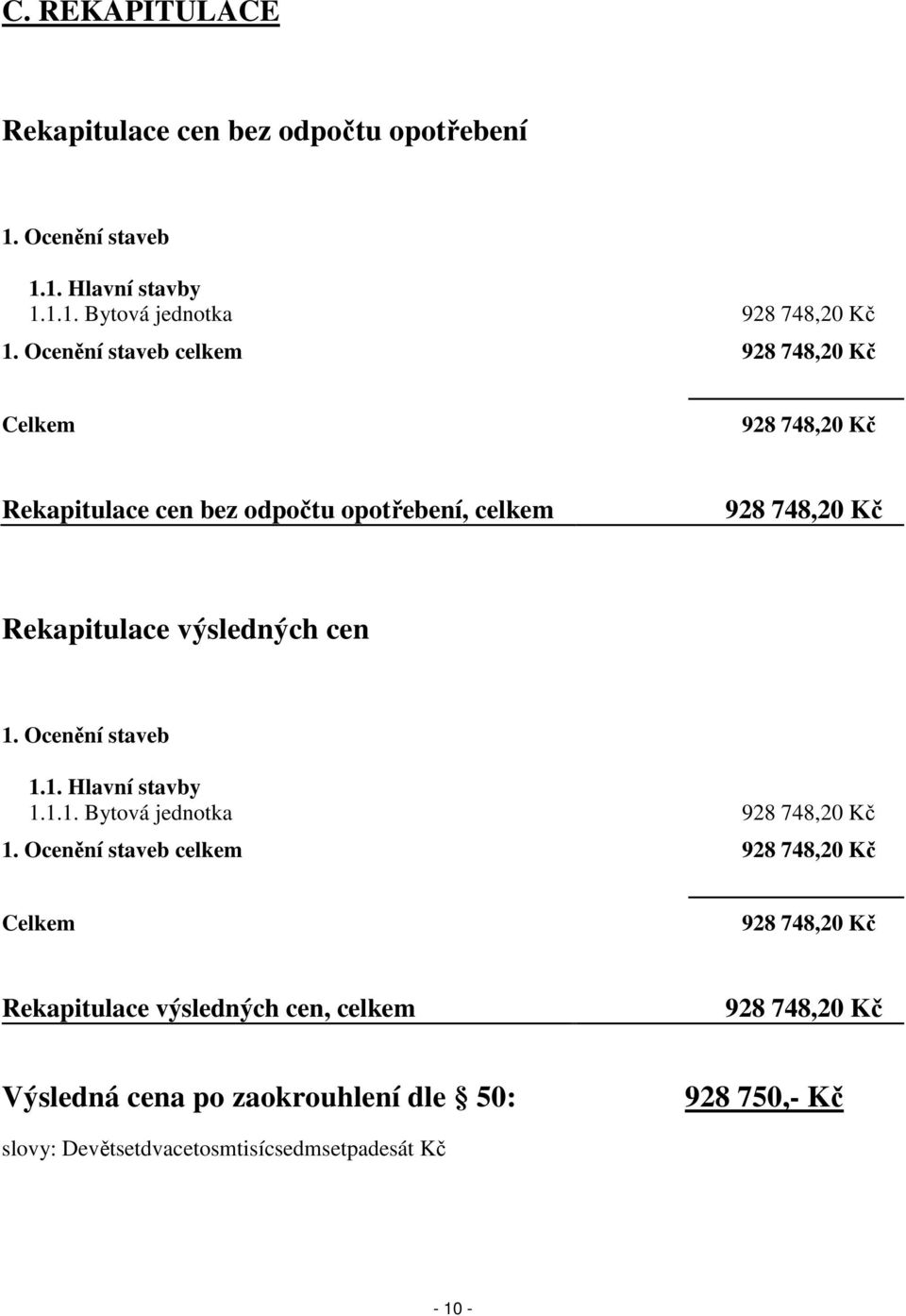 výsledných cen 1. Ocenění staveb 1.1. Hlavní stavby 1.1.1. Bytová jednotka 928 748,20 Kč 1.